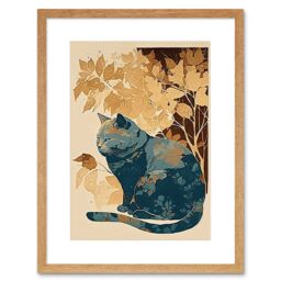 "Artery8 Wall Art Print Cat by Countryside Shrub Bush in Autumn Modern Linocut Artwork Framed 9X7 Inch in Beige - Size: W7"" x H9""" - thumbnail 1