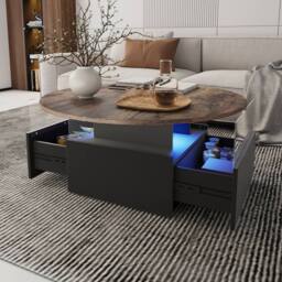 KEEPREAPER Modern Round Coffee Table With Storage & LED in Brown - thumbnail 6