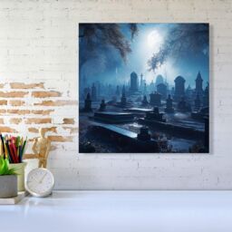 "Warren Reed - Designer A Breathtaking Scene Of A Moonlit Graveyard Canvas in Blue - Size: W16"" x H16""" - thumbnail 2