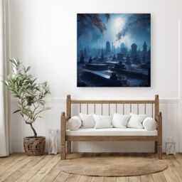 "Warren Reed - Designer A Breathtaking Scene Of A Moonlit Graveyard Canvas in Blue - Size: W16"" x H16""" - thumbnail 3
