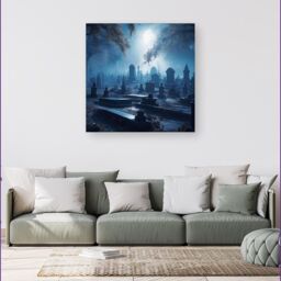 "Warren Reed - Designer A Breathtaking Scene Of A Moonlit Graveyard Canvas in Blue - Size: W16"" x H16""" - thumbnail 4
