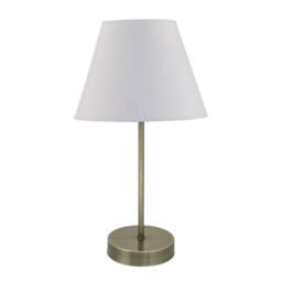 First Choice Lighting Antique Brass Stick Table Lamp with Ivory Off-White Fabric Shade in Bronze