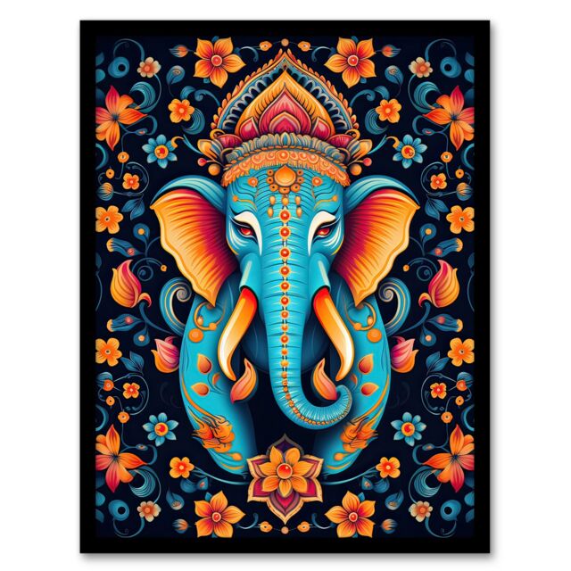 Artery8 Wall Art Print Decorated Indian Elephant with Flower Pattern Vibrant Blue Orange Hindu Floral Design Artwork Framed - Size: A4 - image 1