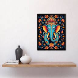 Artery8 Wall Art Print Decorated Indian Elephant with Flower Pattern Vibrant Blue Orange Hindu Floral Design Artwork Framed - Size: A4 - thumbnail 4