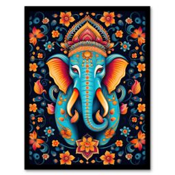 Artery8 Wall Art Print Decorated Indian Elephant with Flower Pattern Vibrant Blue Orange Hindu Floral Design Artwork Framed - Size: A4 - thumbnail 1