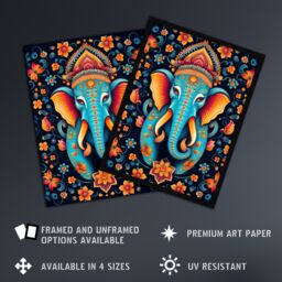 Artery8 Wall Art Print Decorated Indian Elephant with Flower Pattern Vibrant Blue Orange Hindu Floral Design Artwork Framed - Size: A4 - thumbnail 2