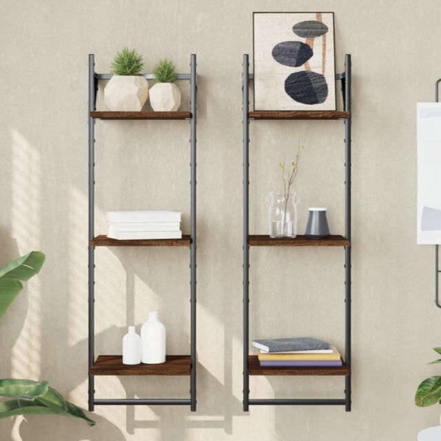 Berkfield Home 3-Tier Wall Shelves with Bars 2 pcs Brown Oak 30x25x100 cm - Size: 30 x 25 x 100 cm - image 1