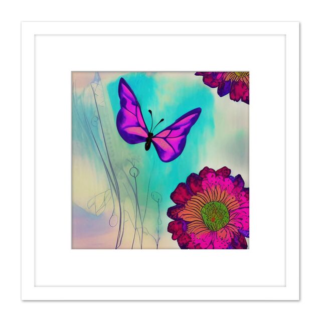 Artery8 Bright Colourful Purple Emperor Butterfly w/ Vibrant Chrysanthemum Flowers Garden Nature Square Wooden Framed Wall Art Print Picture 8X8 Inch - image 1