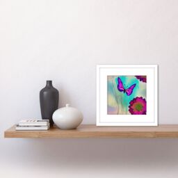 Artery8 Bright Colourful Purple Emperor Butterfly w/ Vibrant Chrysanthemum Flowers Garden Nature Square Wooden Framed Wall Art Print Picture 8X8 Inch - thumbnail 2