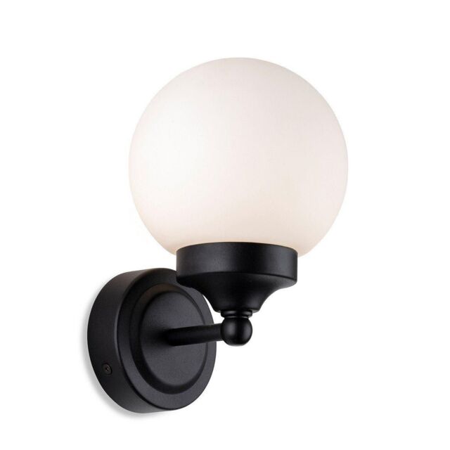 Netlighting Louis Bathroom Globe Wall Light Black with Opal White Glass IP44