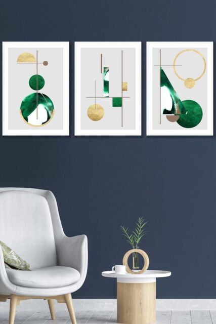 ARTZE Abstract Textured Geometric Art in Green & Gold Framed Wall Art - Medium in White - Size: W45 cm x H62 cm x D20mm - image 1