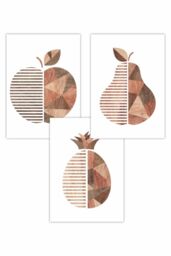 ARTZE Set of 3 Geometric Wood Grain Effect Fruit Art Posters in Walnut - Size: W50 cm x H70 cm - thumbnail 1