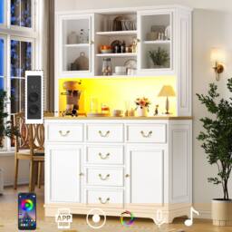 Merax White Kitchen Dresser with LED Lighting & Power Outlets - thumbnail 2