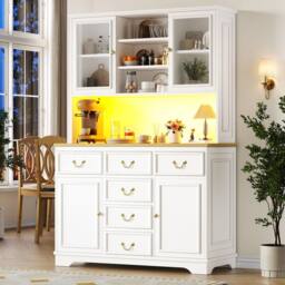 Merax White Kitchen Dresser with LED Lighting & Power Outlets - thumbnail 1