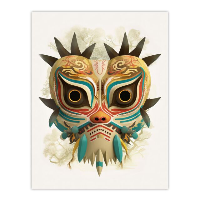 Artery8 Wall Art Print Noh Theatre Mask Painting Supernatural Japan Creature Portrayal Forest Deity Role Colourful Intricate Details Floral Designs - image 1