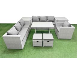 Fimous 9-seater Patio 3 Seater Sofa Armchair Set with 2 Side Tables 2 Stools in Light Grey - thumbnail 2