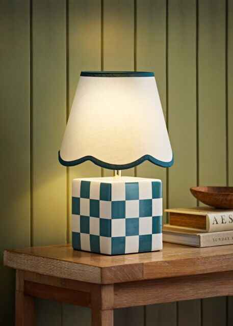 ValueLights Evie Ceramic Check Cube Table Lamp with Trim Linen Scallop Lamp Shade in Green - image 1