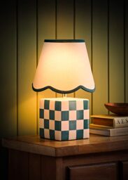 ValueLights Evie Ceramic Check Cube Table Lamp with Trim Linen Scallop Lamp Shade in Green - thumbnail 2