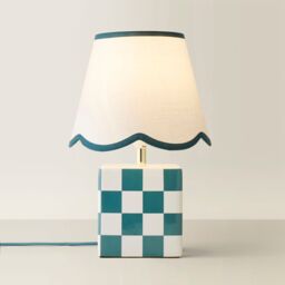 ValueLights Evie Ceramic Check Cube Table Lamp with Trim Linen Scallop Lamp Shade in Green - thumbnail 6