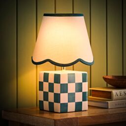 ValueLights Evie Ceramic Check Cube Table Lamp with Trim Linen Scallop Lamp Shade in Green - thumbnail 5