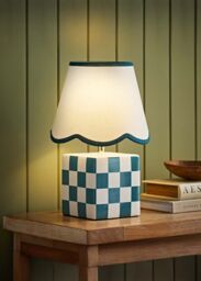 ValueLights Evie Ceramic Check Cube Table Lamp with Trim Linen Scallop Lamp Shade in Green - thumbnail 1