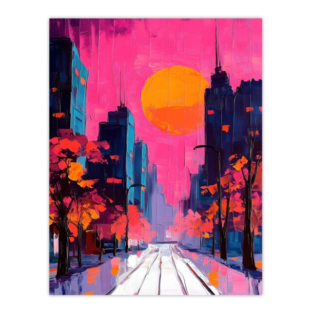 "Artery8 City Street Autumn Pink Sunset Sky Cityscape Wall Art Print - Size: W12"" x H16""" - image 1