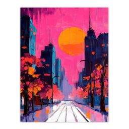"Artery8 City Street Autumn Pink Sunset Sky Cityscape Wall Art Print - Size: W12"" x H16""" - thumbnail 1
