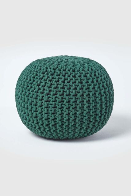 Homescapes Round Cotton Knitted Pouffe Footstool in Dark Green - image 1