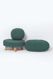 Homescapes Round Cotton Knitted Pouffe Footstool in Dark Green - thumbnail 5