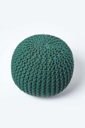 Homescapes Round Cotton Knitted Pouffe Footstool in Dark Green - thumbnail 3