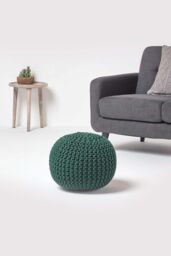 Homescapes Round Cotton Knitted Pouffe Footstool in Dark Green - thumbnail 2