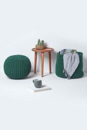 Homescapes Round Cotton Knitted Pouffe Footstool in Dark Green - thumbnail 6
