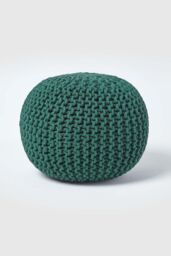 Homescapes Round Cotton Knitted Pouffe Footstool in Dark Green