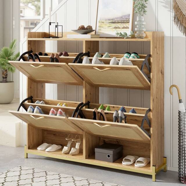 BTM Wooden Shoe Cabinet Rattan Doors Storage Shelf Metal Frame in Natural - image 1