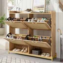 BTM Wooden Shoe Cabinet Rattan Doors Storage Shelf Metal Frame in Natural - thumbnail 1