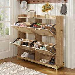BTM Wooden Shoe Cabinet Rattan Doors Storage Shelf Metal Frame in Natural - thumbnail 3