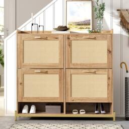 BTM Wooden Shoe Cabinet Rattan Doors Storage Shelf Metal Frame in Natural - thumbnail 4
