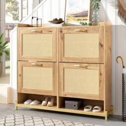 BTM Wooden Shoe Cabinet Rattan Doors Storage Shelf Metal Frame in Natural - thumbnail 5