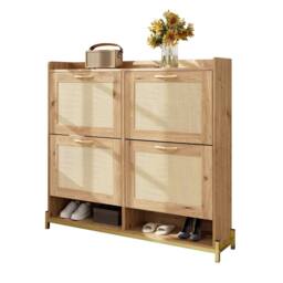 BTM Wooden Shoe Cabinet Rattan Doors Storage Shelf Metal Frame in Natural - thumbnail 7