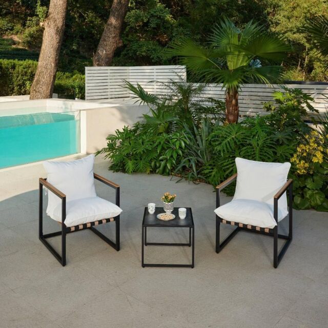 Home Detail Marbella Black Garden Balcony Set with Grey Cushions in Ivory - image 1