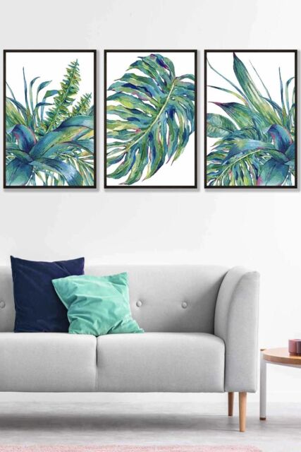 ARTZE Framed Blue Green Watercolour Tropical Leaves Framed Wall Art - Large in Black - Size: W53 cm x H73 cm x D20mm - image 1