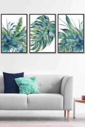 ARTZE Framed Blue Green Watercolour Tropical Leaves Framed Wall Art - Large in Black - Size: W53 cm x H73 cm x D20mm - thumbnail 1