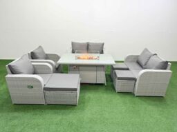 Fimous 9 Seater Outdoor Reclining Chair Love Sofa Set Rattan Garden Furniture Set with Firepit Dining Table 3 Stools Light Grey - thumbnail 2