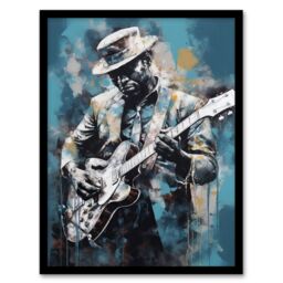 Artery8 Wall Art Print Ragtime Blues Watercolour Artwork Musician Playing Electric Guitar Portrait Painting Art Framed in Blue - Size: A4 - thumbnail 1