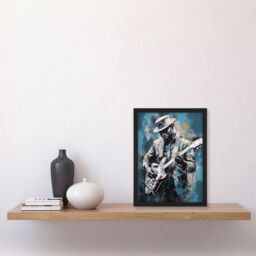 Artery8 Wall Art Print Ragtime Blues Watercolour Artwork Musician Playing Electric Guitar Portrait Painting Art Framed in Blue - Size: A4 - thumbnail 4