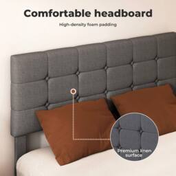 VOGREX Grey Tufted Linen Double Bed Frame Wooden Slat Headboard - thumbnail 5