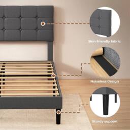 VOGREX Grey Tufted Linen Double Bed Frame Wooden Slat Headboard - thumbnail 3