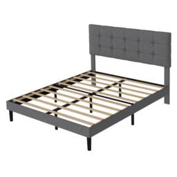 VOGREX Grey Tufted Linen Double Bed Frame Wooden Slat Headboard - thumbnail 1