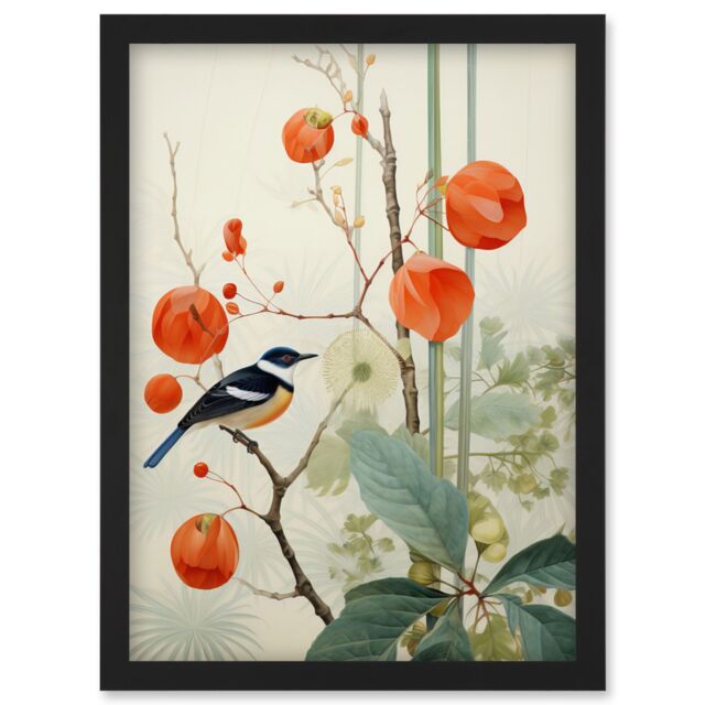 Artery8 Wall Art Print Small Bird on Blooming Tree Branch Botanical Artwork Red Teal Nature Study Audubon Style Artwork Framed A4 in Black - image 1