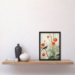 Artery8 Wall Art Print Small Bird on Blooming Tree Branch Botanical Artwork Red Teal Nature Study Audubon Style Artwork Framed A4 in Black - thumbnail 2